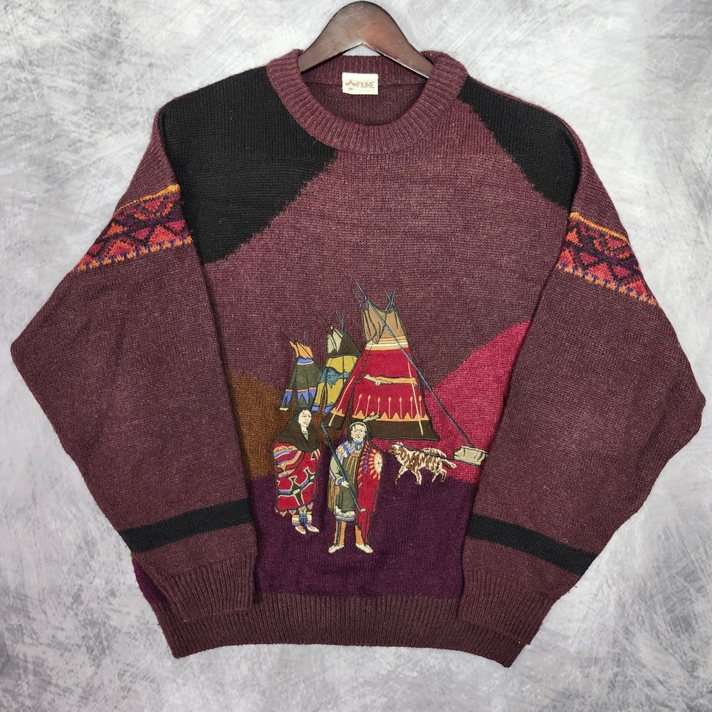 Vintage Southwestern Tribal Alpaca Wool Knit Sweater Large XL Burgundy Italy